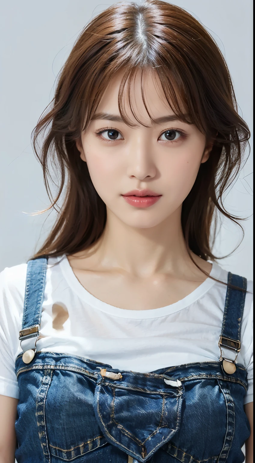 A close up of a woman with a white shirt and blue overalls - SeaArt AI