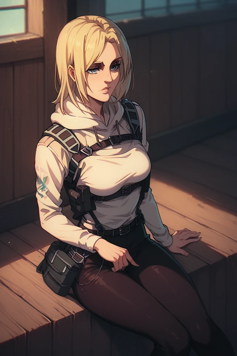 annie leonhart,her ideal outfit  ,sitting, showing her bare breasts