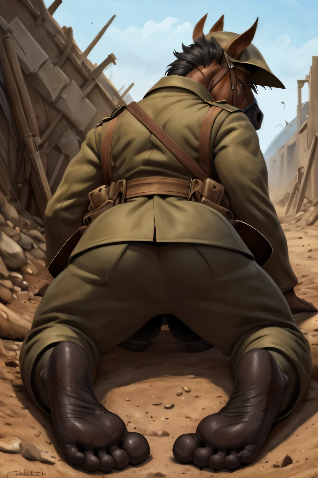 (ultra quality):1.4, color, smooth comics style, (by takemoto arashi, by meesh, by Taran Fiddler), solo:1, (defeat)) ((brownfeetsoles)) ((brown feetsoles)) ((knockout face)) did a horse in the english soldier uniform without shoes, ((without pants)) He is dead in the trench, lying on the back, closed eyes, tonque stuck out of the mounth, defeated on the floor after a fight, exhausted, closed eyes, tonque out of the mounth , ((feet focus)) bear tail. Battlefield (uniform english world war 1)) ((world war 1)) ((ww1)) ((black feet soles )) (five toes) 5toes, 5finger ((horse)) (brownfeetsoles) (additional feet from hidden characters that you can't see) ((without pants)) ((Pants pulled down to the knees)) ((horse tail) ((tonque stuck out of the mounth)) (((humanoid feet)) ((horse tail)
