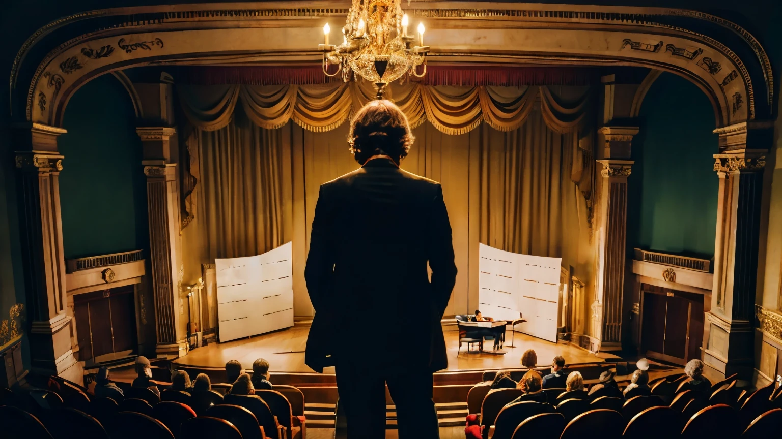 A warm, golden light spills across a dimly lit, smoky theater, reminiscent of a Stanley Kubrick film, as SCP-3073, a European man with vibrant, fiery red locks, steps into frame, his attire evoking the grandeur of a classical orchestra conductor. A miniature theatrical stage, complete with intricate, ornate details, substitutes his face, often hidden by his wild mane of hair. A soft, warm glow emanates from the stage, casting an ethereal ambiance, while the surrounding shadows dance, as if manipulated by a masterful use of chiaroscuro. A fine, cinematic film grain textures the image, complemented by a rich, nostalgic color palette, with deep, burnt oranges and warm, honey tones.