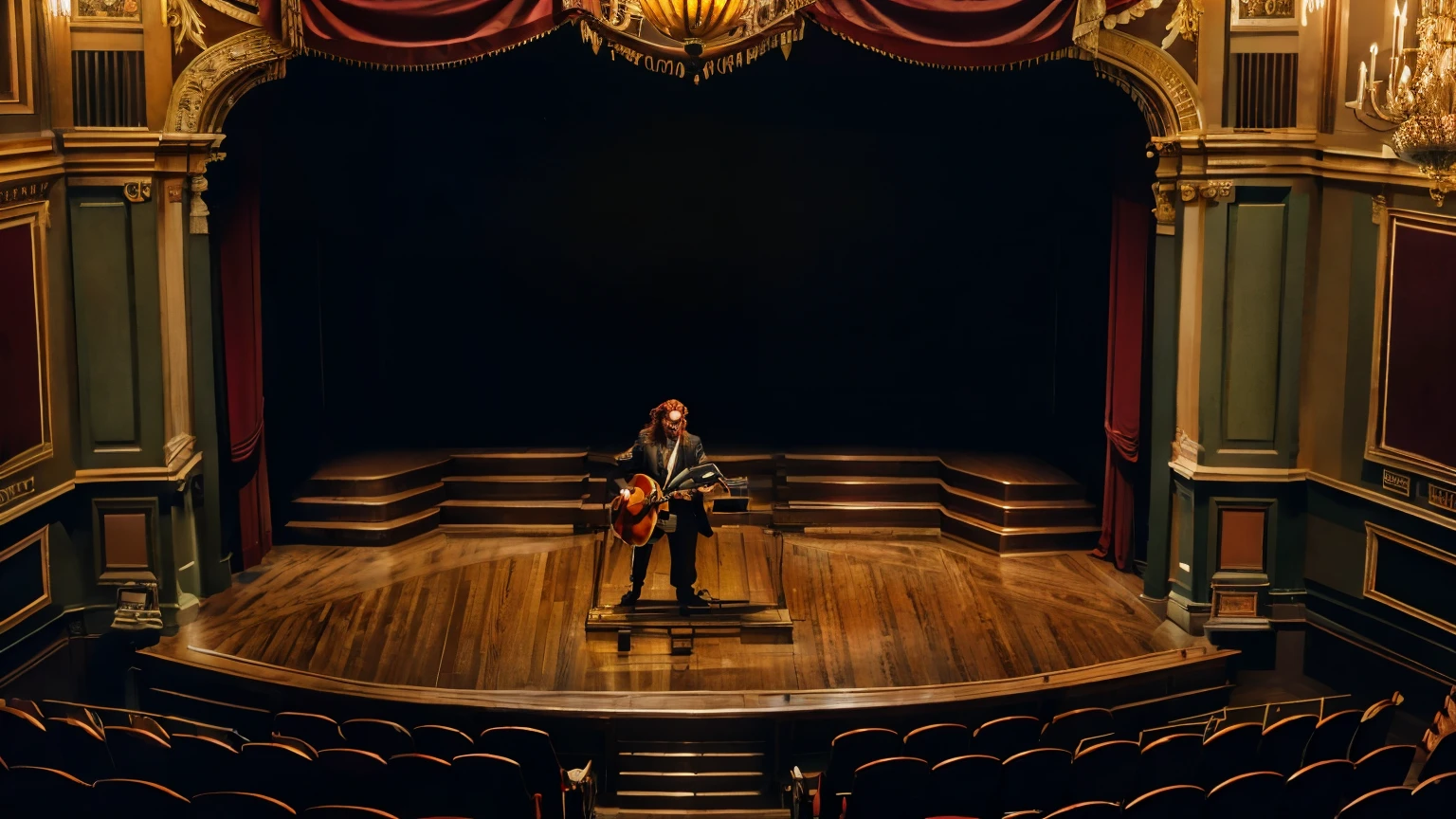 A warm, golden light spills across a dimly lit, smoky theater, reminiscent of a Stanley Kubrick film, as SCP-3073, a European man with vibrant, fiery red locks, steps into frame, his attire evoking the grandeur of a classical orchestra conductor. A miniature theatrical stage, complete with intricate, ornate details, substitutes his face, often hidden by his wild mane of hair. A soft, warm glow emanates from the stage, casting an ethereal ambiance, while the surrounding shadows dance, as if manipulated by a masterful use of chiaroscuro. A fine, cinematic film grain textures the image, complemented by a rich, nostalgic color palette, with deep, burnt oranges and warm, honey tones.