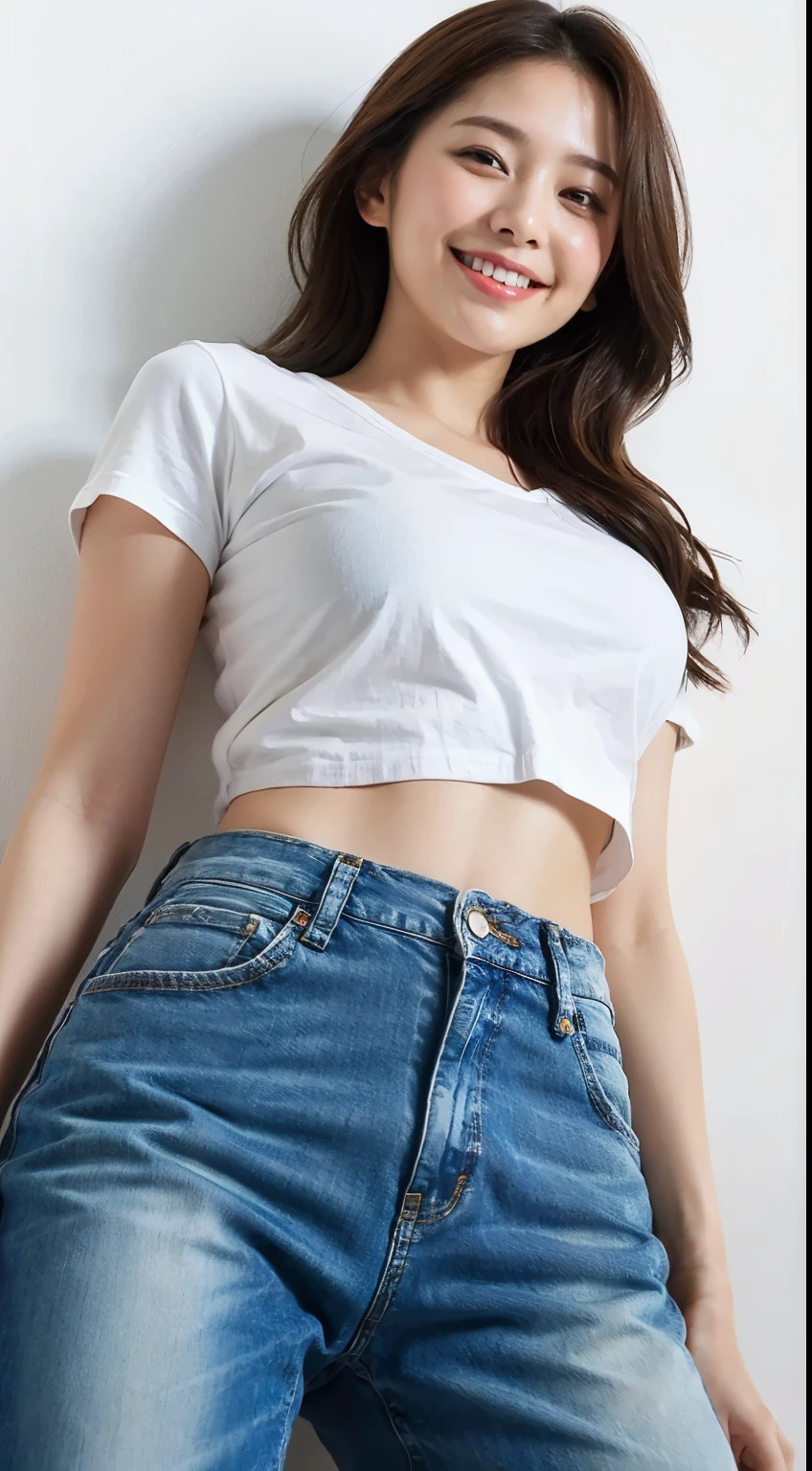 Malay girl, very short white hair, Sculpted Pixie cut hair, (wear tank top and loose jeans, tailored jacket, and shiny loafers), happy pose, front view, windy, detail skin, age spot, detail skin texture, mole below eyes, small breast, flat chest, wide hips, small waists, thick thighs, slim abs, beautiful body, nighttime, laughing, happy, bright lighting, white modern hotel living room, blur background, bokeh,