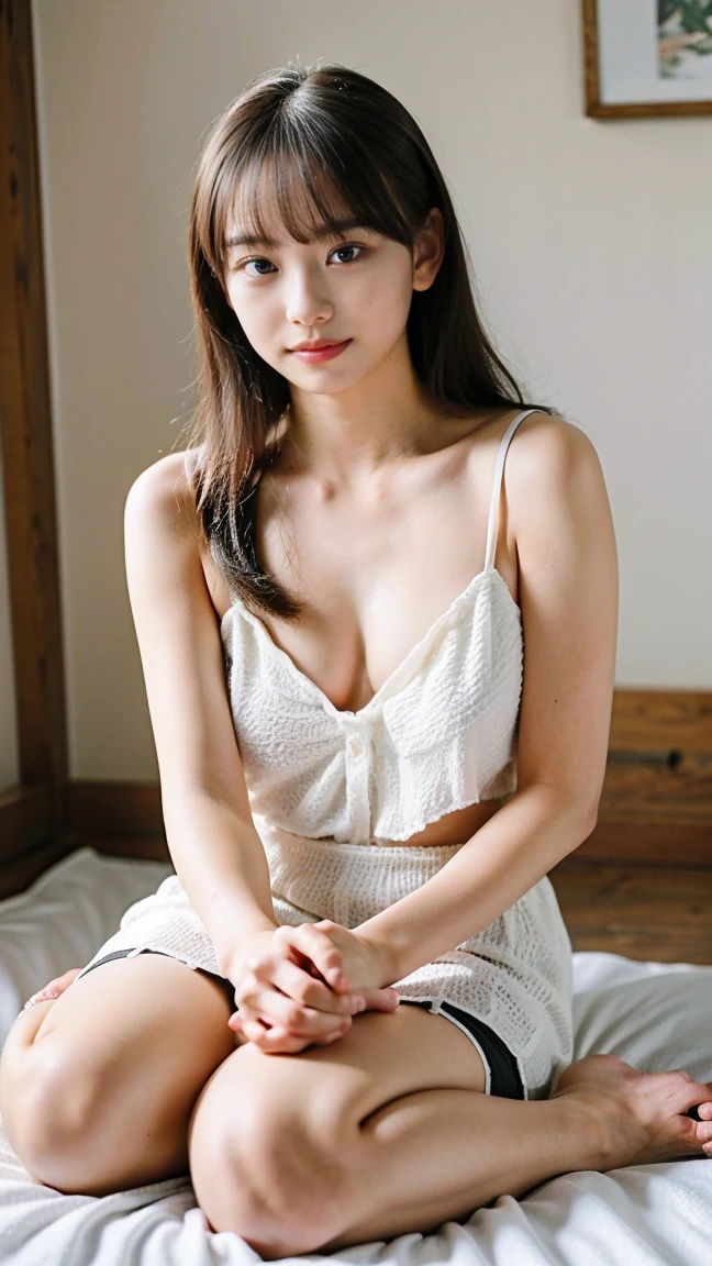 ((Extremely precise and accurate anatomy:1.0)), (photo Realistic:1.4), (hyper Realistic:1.4), (最高品質のRealisticな肌の質感:1.4), (Improvement of quality:1.4), (Enhances the beauty of skin texture:1.1), Clean and glowing skin, mesh, thin:1.2, (Realistic:1.3), Realisticなライティング, (Smoother lighting:1.05), (Improving the quality of cinema lighting:0.9), Backlight, A gentle light on your face, Ray Tracing, (Bright light:1.2), 32K, One Japanese woman, fine grain, Detailed face, (Film Grain:1.1),(Accentuates body lines:1.1), High resolution, Natural look, Kind eyes, Improves hair quality, Delicate light and shadow, Transparent muscles, Graceful pose, Beautiful Eyes, Sharp details, Soft light reflection, Beautiful contours, Delicate skin tone, Fine hair texture, Natural background, ,(((Downward))),((Spread your legs)),A loose-fitting camisole,barefoot,One Girl,Realistic,Bedroom、Looks sleepy