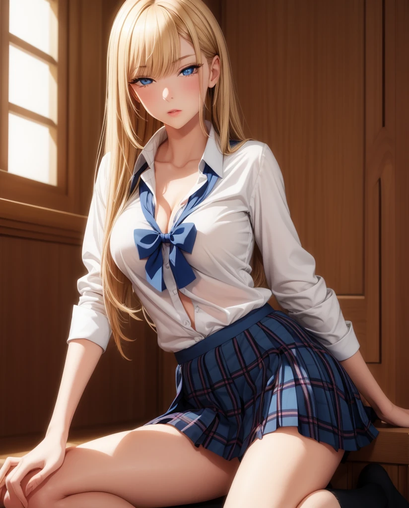 masterpiece, Best quality, High Definition, KR1, Blue eyes, Smile,Bangs, White shirt, Black skirt, Standing with finger prick, Pleated skirt, Socks, Small tits, Blonde, Cowboy shot,on knee,full body,on knees,big boobs ,not nude,ulta realistic face,high quality face details