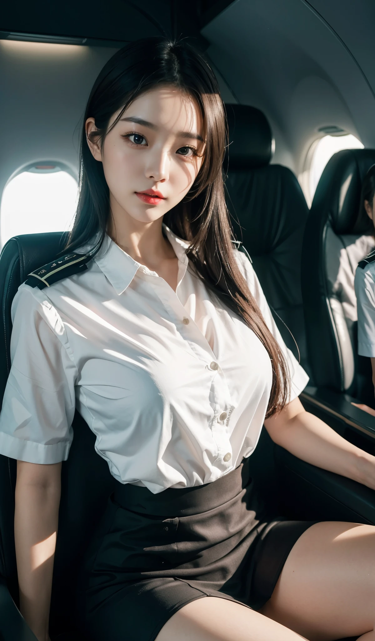 8K, Masterpiece, RAW photo, Best quality, Photorealistic, Extremely detailed CG unifies 8K, 8K, Diamond, and wallpaper, Depth of field, Cinematic light, Lens flare, Ray tracing, (Extremely beautiful face, Beautiful lips, Beautiful eyes), intricate detail face, ((ultra detailed skin)) 1girll, In the dark, deepshadow, Pretty Korean girl, Kpop idol, Photo of a sexy woman sitting in an airplane seat,Wearing a white flight attendant uniform,pleatedskirt,(Very slim and slender muscular body:1.3), (Flesh-colored pantyhose:1.3),White standard flight attendant uniform, ((huge tit:1.0)),Wide buttock,being thin,Redlip,黑The eye,(unholy:0.9),Cross ed leg,(textured fabrics:0.9),looking at viewert, (Pale skin), (Big eyes),(ssmile:0.8),flirting to the camera,(metallic fabric:0.5),extremly intricate,(realisticlying,primitive:1.5), Sideslit, (bblurry:0.9), detail in face, poor quality photo, hight contrast, inside airplane, Slender, bow-shaped, (birthmark:0.4)