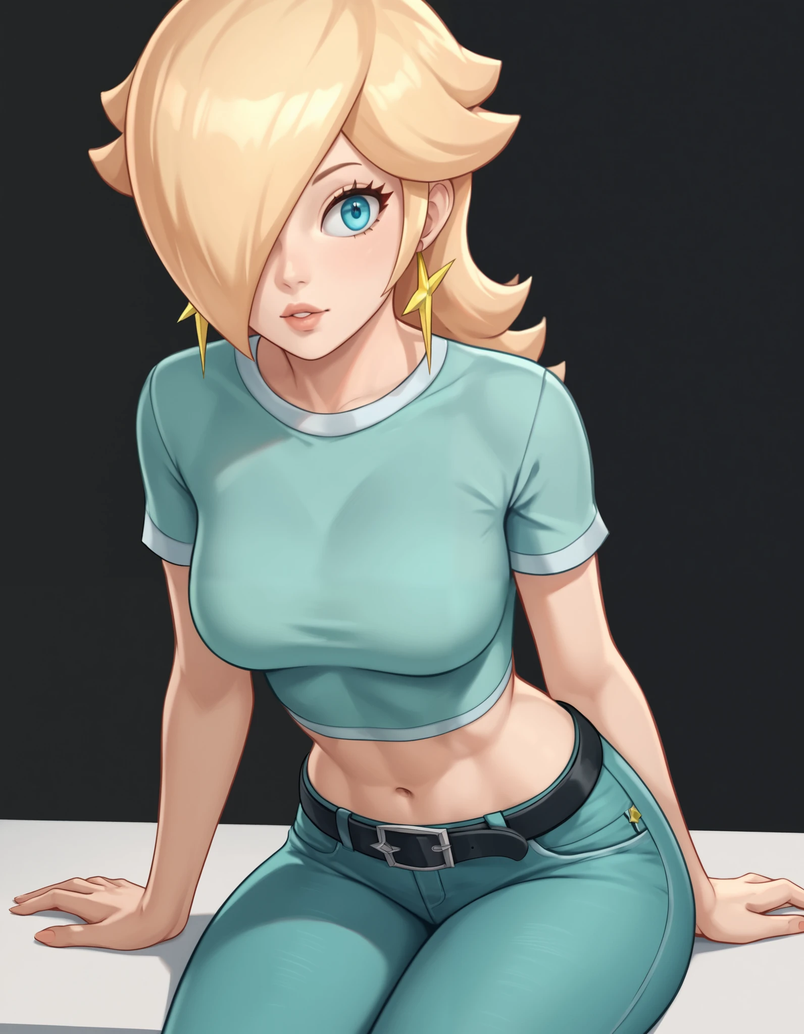 score_9, score_8_up, score_7_up, source_anime, rosalina, blonde hair, blue eyes, hair over one eye, long hair, star earrings, solo, cowboy shot, black t-shirt, taut clothes, tight shirt, midriff, navel, jeans, black belt, sitting, leaning forward, back view