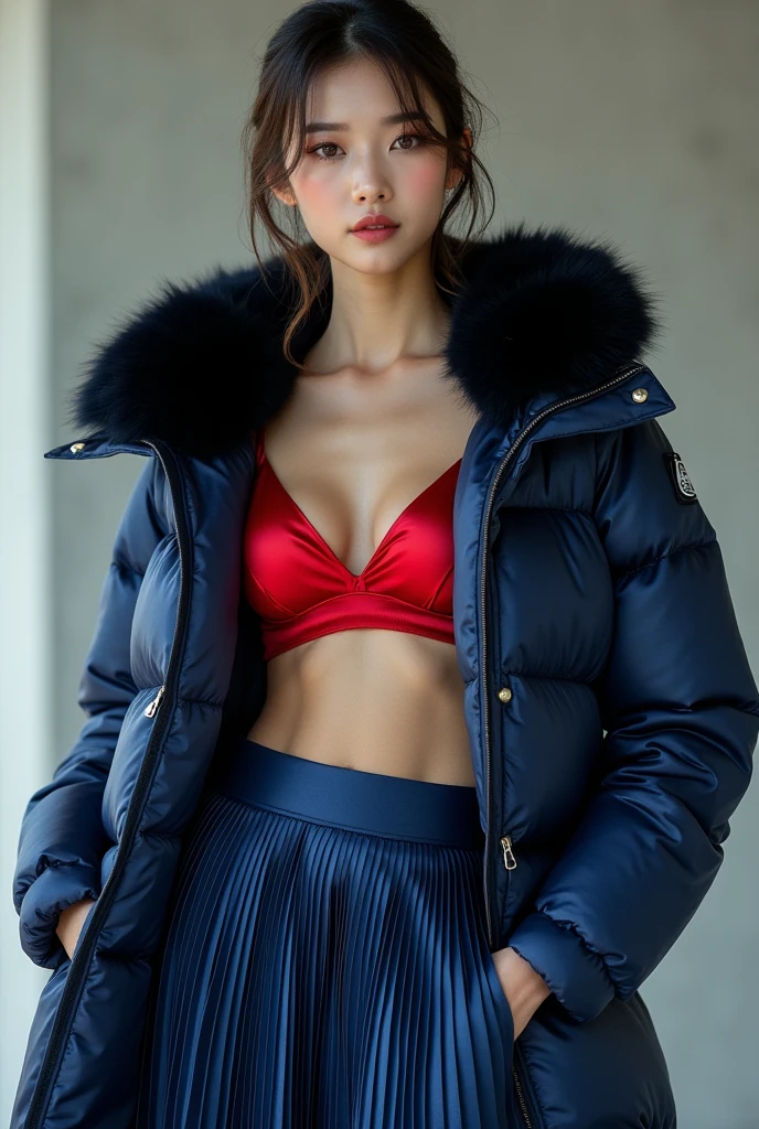 ((best quality)), ((masterpiece)), (detailed), perfect face, beautiful Chinese 16 year old woman, silk tight navy blue moncler puffer coat, seductive, aroused, mouth open, ahegao, curvy figure, ((tight puffer coat)), fur hood,red silk bra, large breasts, (open coat), cleavage, thick bra straps, photograph, shiny coat, satin, soft to the touch, yellow pleated silk skater skirt, boots