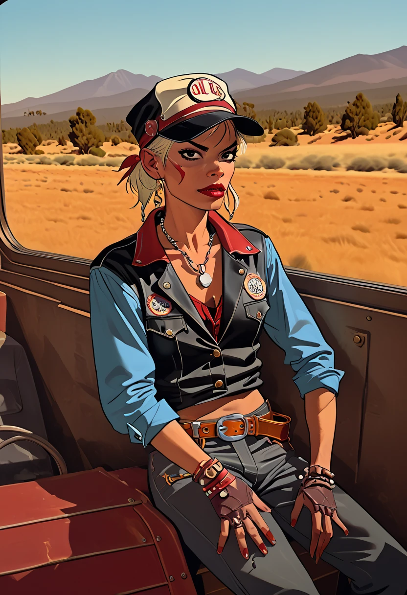 Tank Girl, riding the rear brakeman's end of the caboose, outfit distinct homage to cowboy sadcowgirl western, (jamie hewlett style reference), portrait, candid, expressive illustration, sense of movement and energy as the train rides through the sierra ranges, background the western plains in the distance, no light source, darkness, light mask uv rays across face, absurd, with rich color grading, cel shading, warm and unified colors, rotoscope, animated, minimal, precise,
