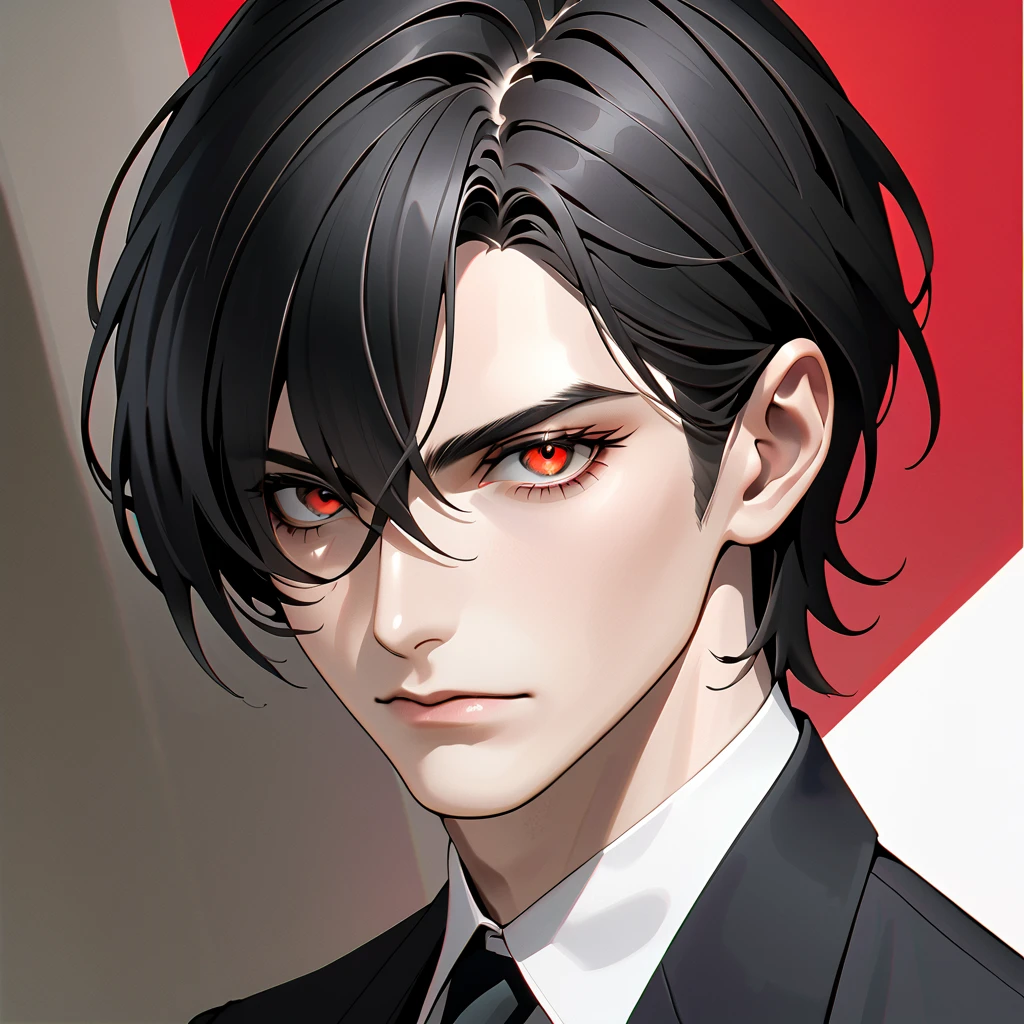    black hair,   sharp eye, Ojos lascivos, male　 Ojos rojos　 short hair　  elegant, ,   business suit 　 portrait　  upper body 　 snapshots　  cowboy shot 