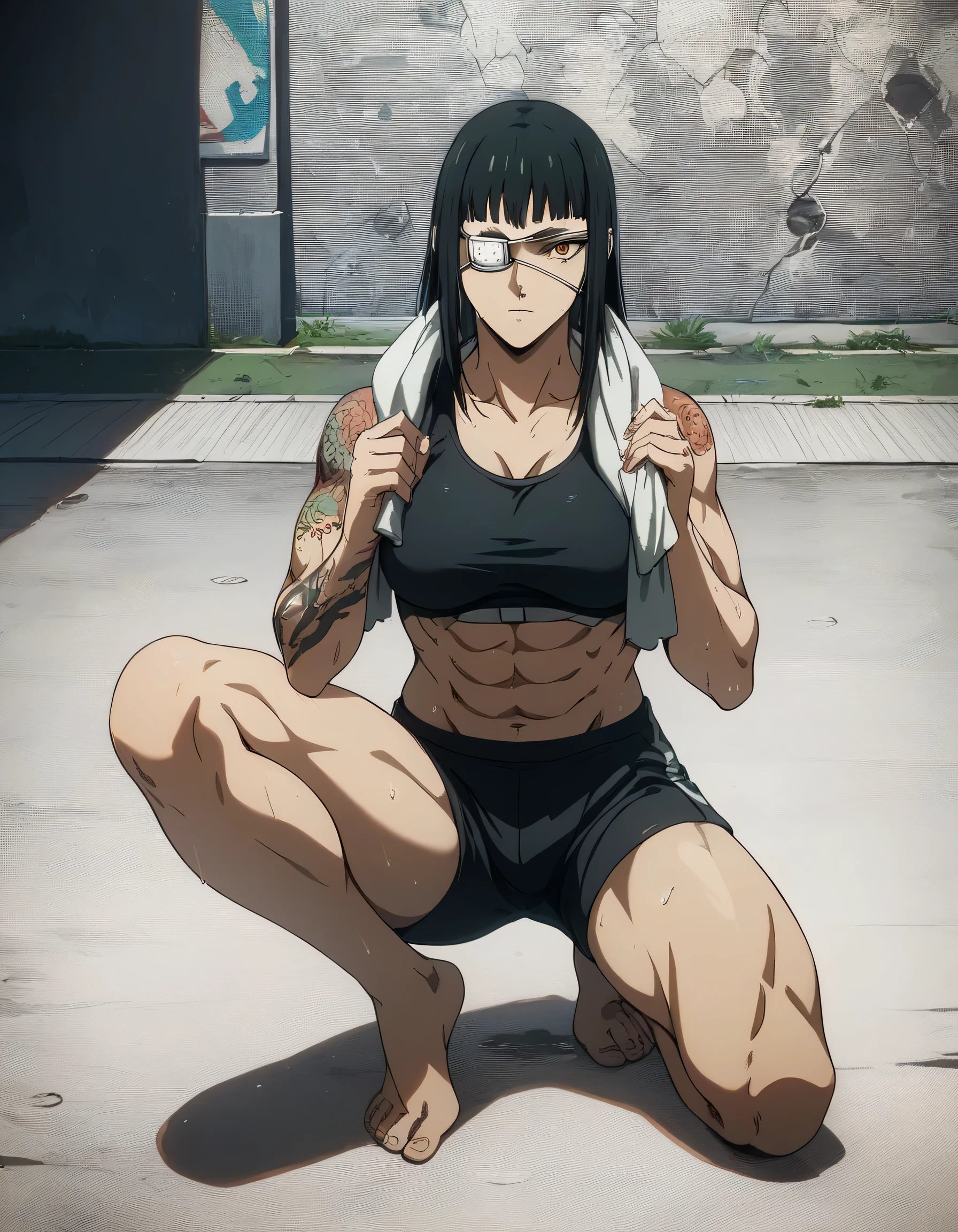 score_9, score_8_up, score_7_up,score_6_up,high resolution,source_anime,s0fiavalm3t,1girl,eyepatch,black hair,long hair,,full body,,,pov, tattoos on shoulder,wearing sport bra,black sport shorts,Barefoot,training hard,,sporting attraction,pelvis,wet body and clothes,towel around her neck,tight short,Erect penis inside shorts,Valmet have a penis,