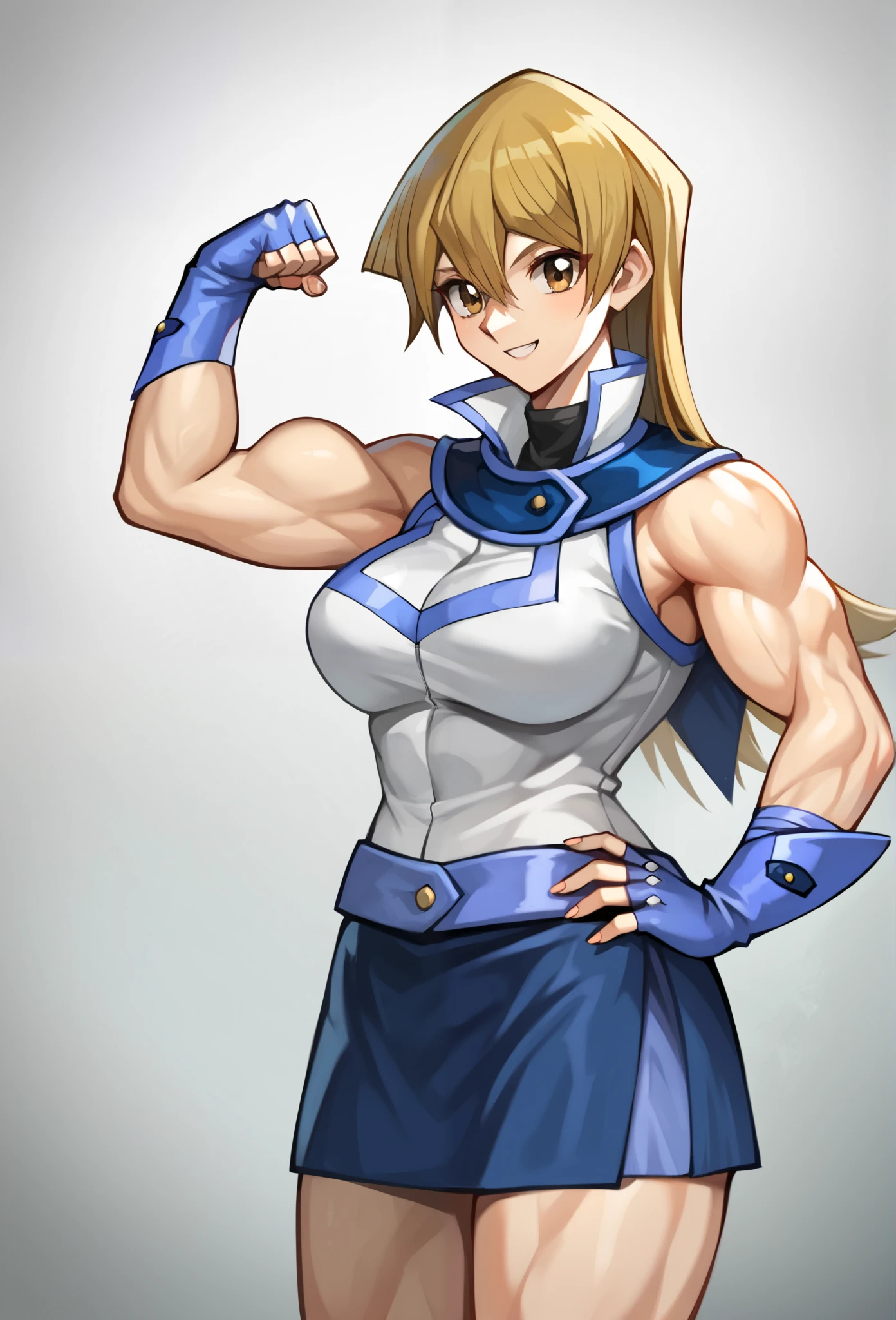 score_9, score_8_up, score_7_up, score_6_up, score_5_up, score_4_up, source_anime, Alexis Rhodes, Tenjouin Asuka, 203_wolves, Yu-Gi-Oh GX, 1girl, solo, muscular female, toned, flexing, biceps, blonde hair, obelisk blue uniform, skirt, smile