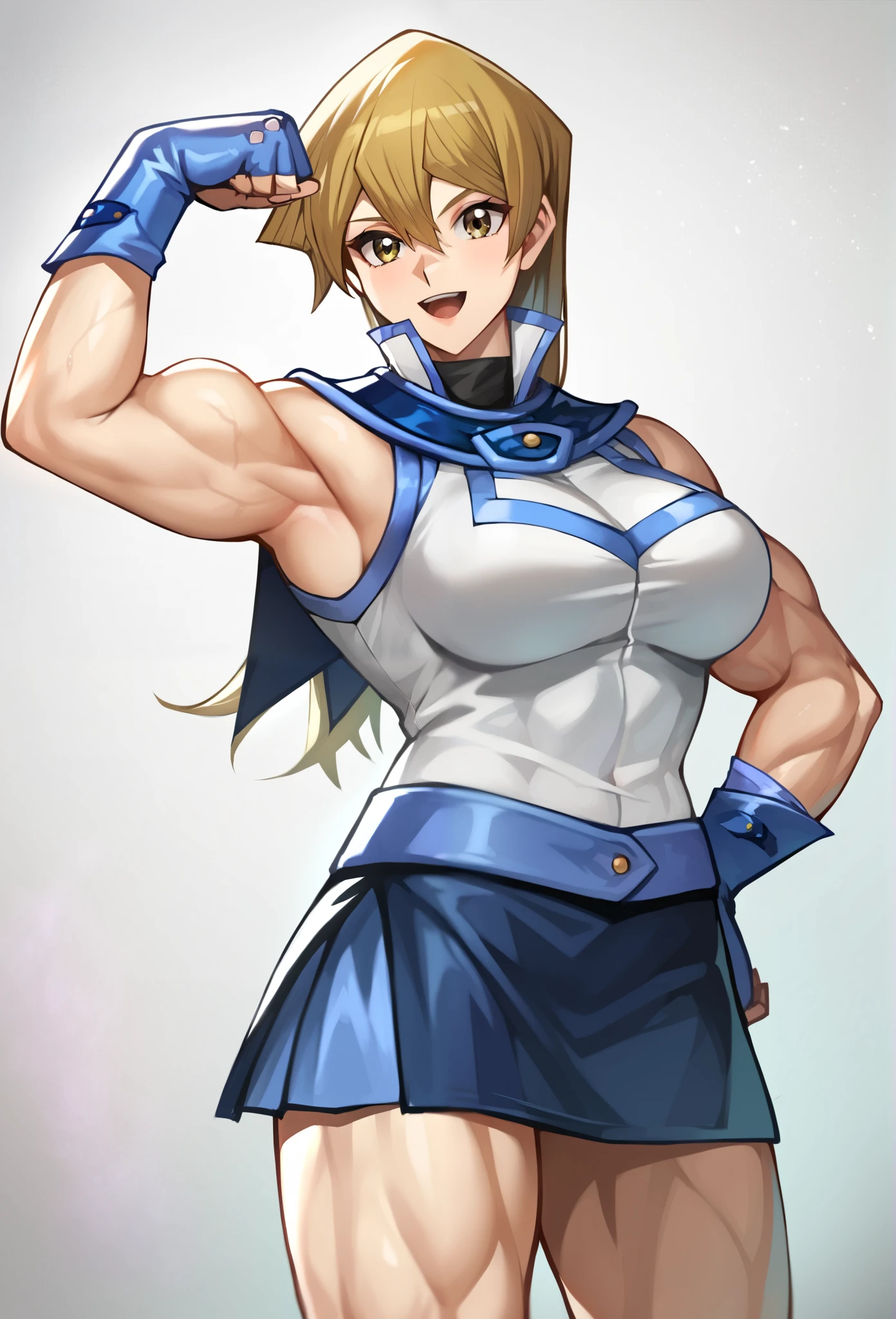 score_9, score_8_up, score_7_up, score_6_up, score_5_up, score_4_up, source_anime, Alexis Rhodes, Tenjouin Asuka, 203_wolves, Yu-Gi-Oh GX, 1girl, solo, muscular female, toned, flexing, biceps, blonde hair, obelisk blue uniform, skirt, smile