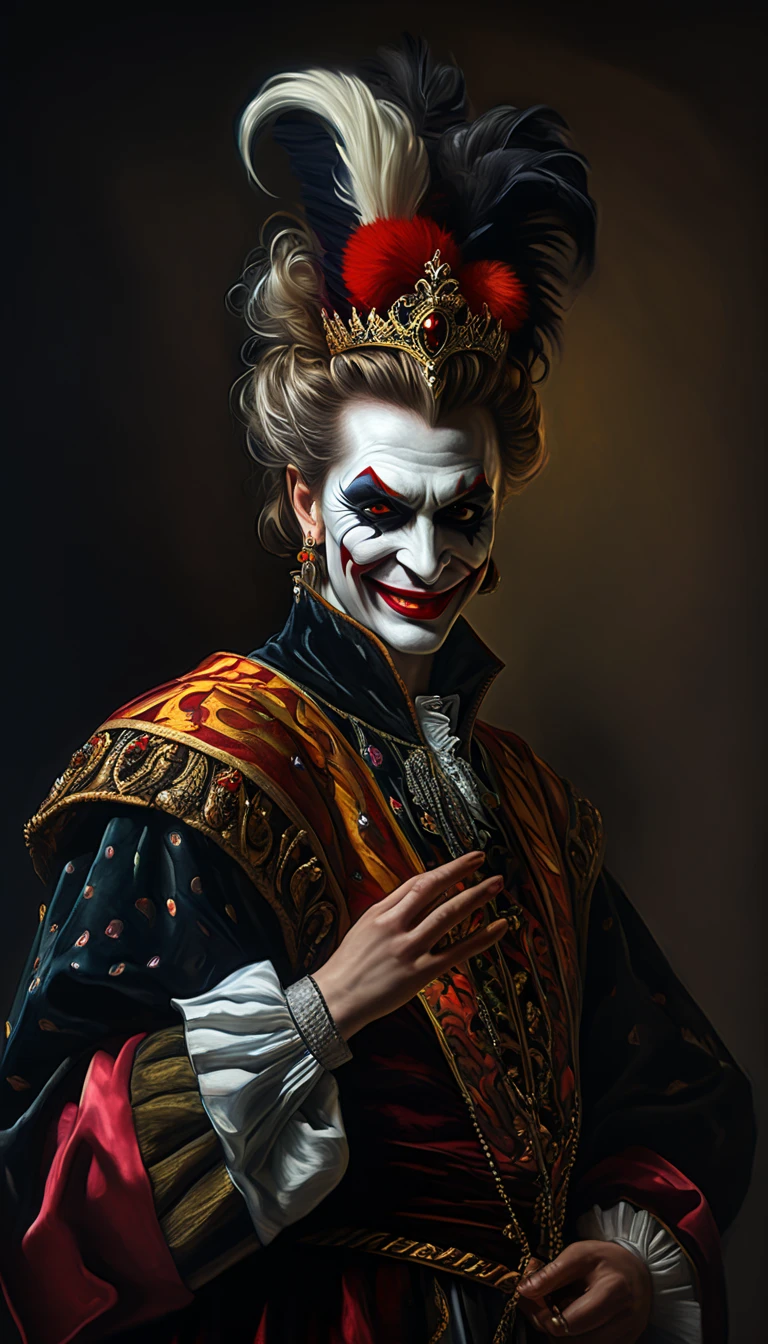 kefka palazzo, dark fantasy, sinister, plotting against the king, creepy smile, flamboyant colors, caravaggio style oil painting, chiaroscuro lighting, dramatic,intricate details, cinematic composition, muted color palette, dramatic shadows, detailed facial features, piercing gaze, ornate clothing, regal setting, castle interior, (best quality,4k,8k,highres,masterpiece:1.2),ultra-detailed,(realistic,photorealistic,photo-realistic:1.37)
