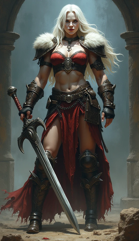 (character portrait for the game Dungeons and dragons), (female 30 years old, spellblade, high charisma), (white skin:0.8, nordic facial features, heavy black makeup, light blue eyes, blond, long, straight hair), (dark fantasy), (heavy platemail armor, gray metallic, cleavage),([dim lights], shadows in the background, red, black, yellow)