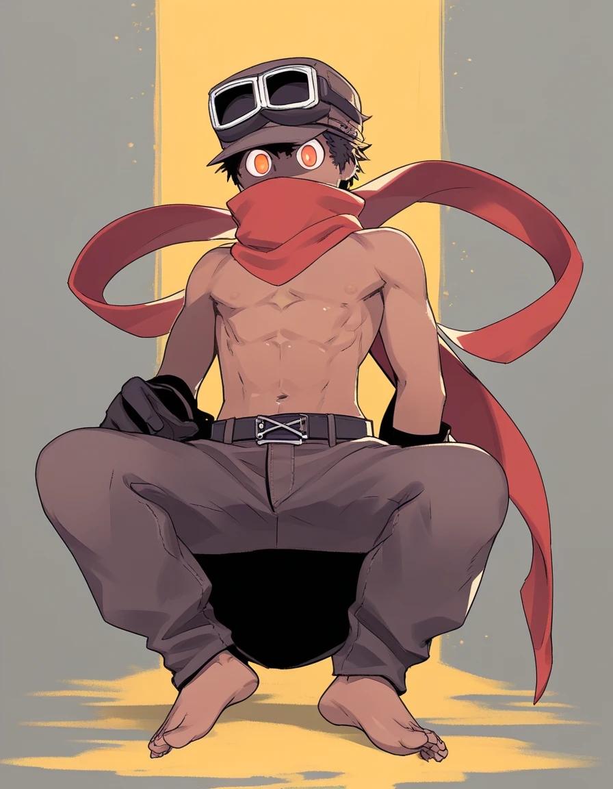 male, solo, messy hair, vibrant eyes, red scarf, dark brown old hunter hat, dark brown old hunter shirt, dark brown old hunter pants, barefoot, evil eyes, covered mouth, non-human