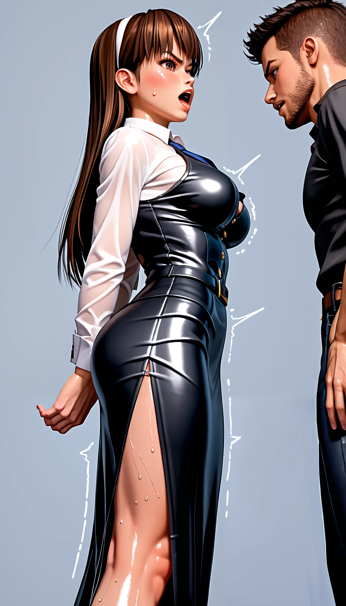 DOALeiFang, LeiFangDOA, gasp, {{{1 girl and 1 male}}}, {{{{{ Man standing between girl’s spread legs and holding girl’s butt }}}}}, shiny black leather tight long skirt with side slit, shiny white business shirt, arm-behind-back, {{ and bend your body backwards }}, OL, be breathless, sweat, sparkling sweat, trembling, long brown straight hair, brown eyes, breasts, [[angry]], blush, {anguish}, {{shameful}}, from side, from below,