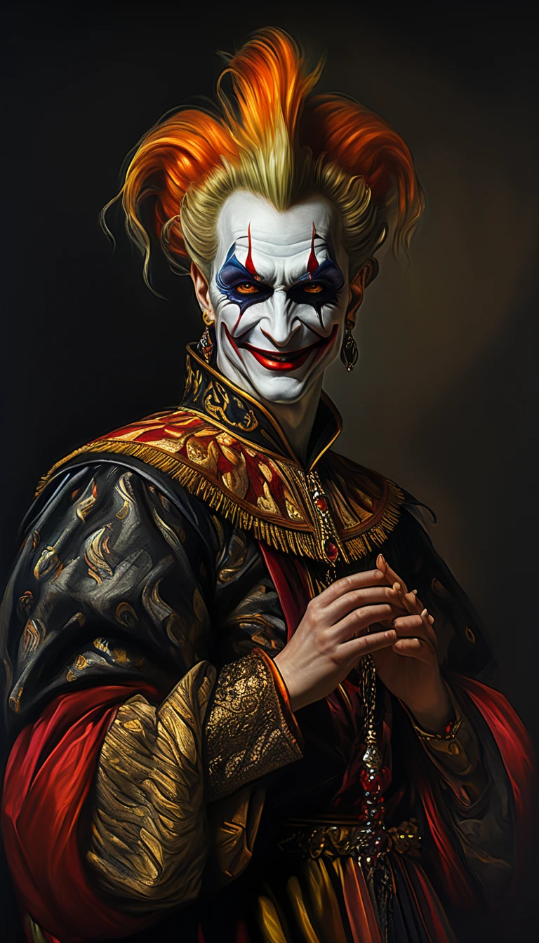 kefka palazzo, dark fantasy, sinister, plotting against the king, creepy smile, flamboyant colors, transcendetal god final boss form, caravaggio style oil painting, chiaroscuro lighting, dramatic,intricate details, cinematic composition, muted color palette, dramatic shadows, detailed facial features, piercing gaze, ornate clothing, regal setting, castle interior, (best quality,4k,8k,highres,masterpiece:1.2),ultra-detailed,(realistic,photorealistic,photo-realistic:1.37)
