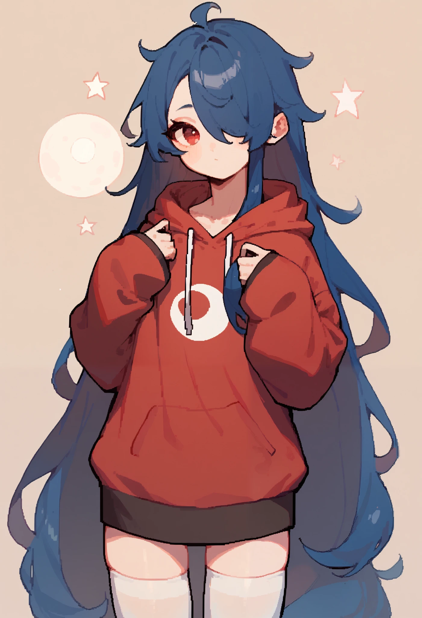 score_9, score_8_up, score_7_up, score_6_up, 1boy,femboy,cute, very long hair,dark blue hair,red inside hair, hair over one eye,red eye, oversized hoodie, exposed lower half, thigh highs, moon shaped floating icons