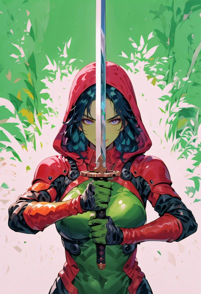 (best quality, masterpiece),1girl,barrissoffee, (green skin),upper body , hood up, looking at viewer, smiling, holding   blade  sword  half  energy,  body  tech suit, full body image , full body ,green  skin,  body tech suit armor 