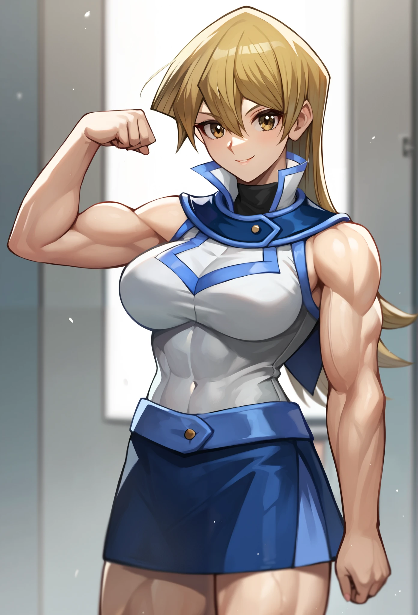 score_9, score_8_up, score_7_up, score_6_up, score_5_up, score_4_up, source_anime, Alexis Rhodes, Tenjouin Asuka, 203_wolves, Yu-Gi-Oh GX, 1girl, solo, muscular female, toned, flexing, biceps, blonde hair, obelisk blue uniform, skirt, smile