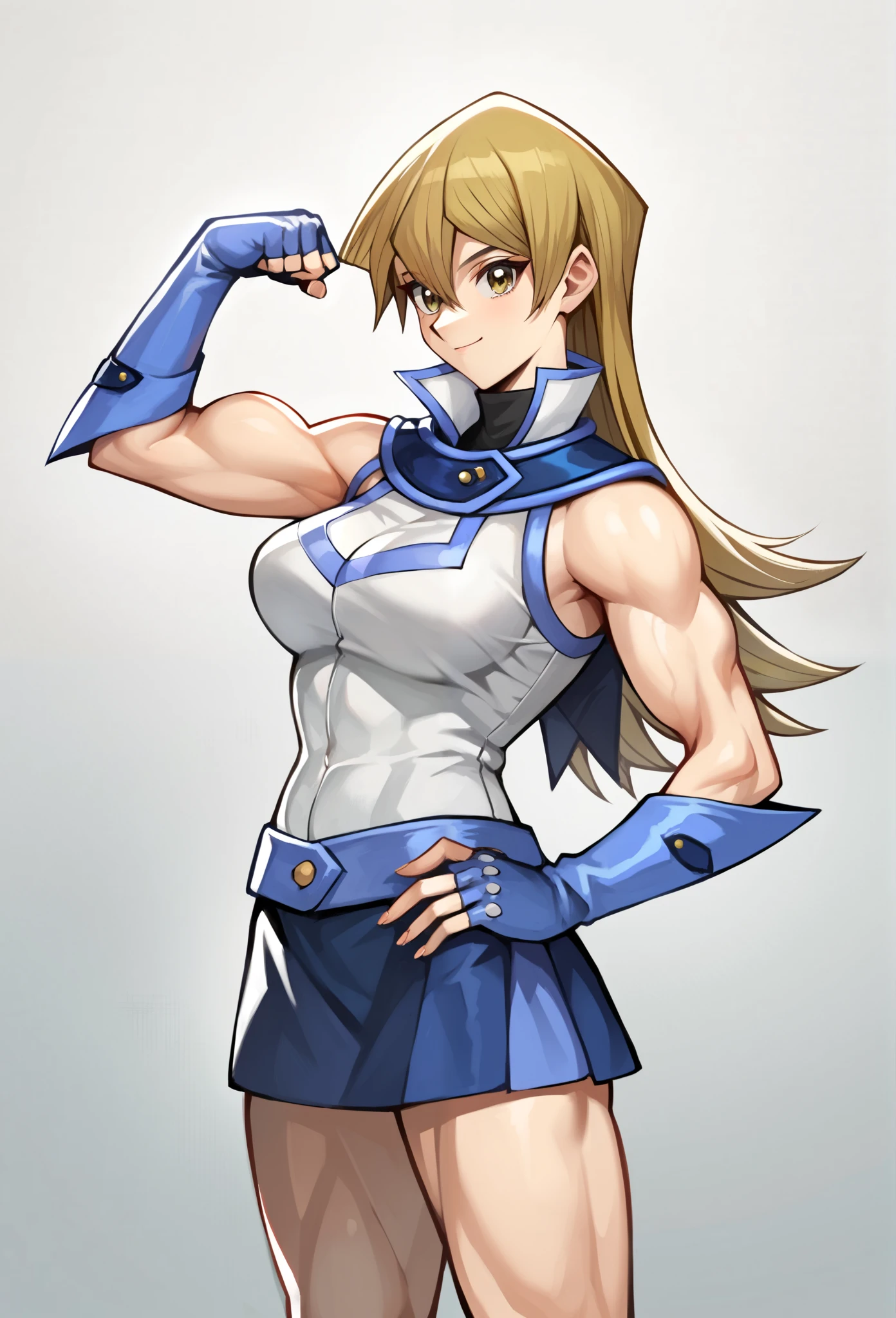 score_9, score_8_up, score_7_up, score_6_up, score_5_up, score_4_up, source_anime, Alexis Rhodes, Tenjouin Asuka, 203_wolves, Yu-Gi-Oh GX, 1girl, solo, muscular female, toned, flexing, biceps, blonde hair, obelisk blue uniform, skirt, smile