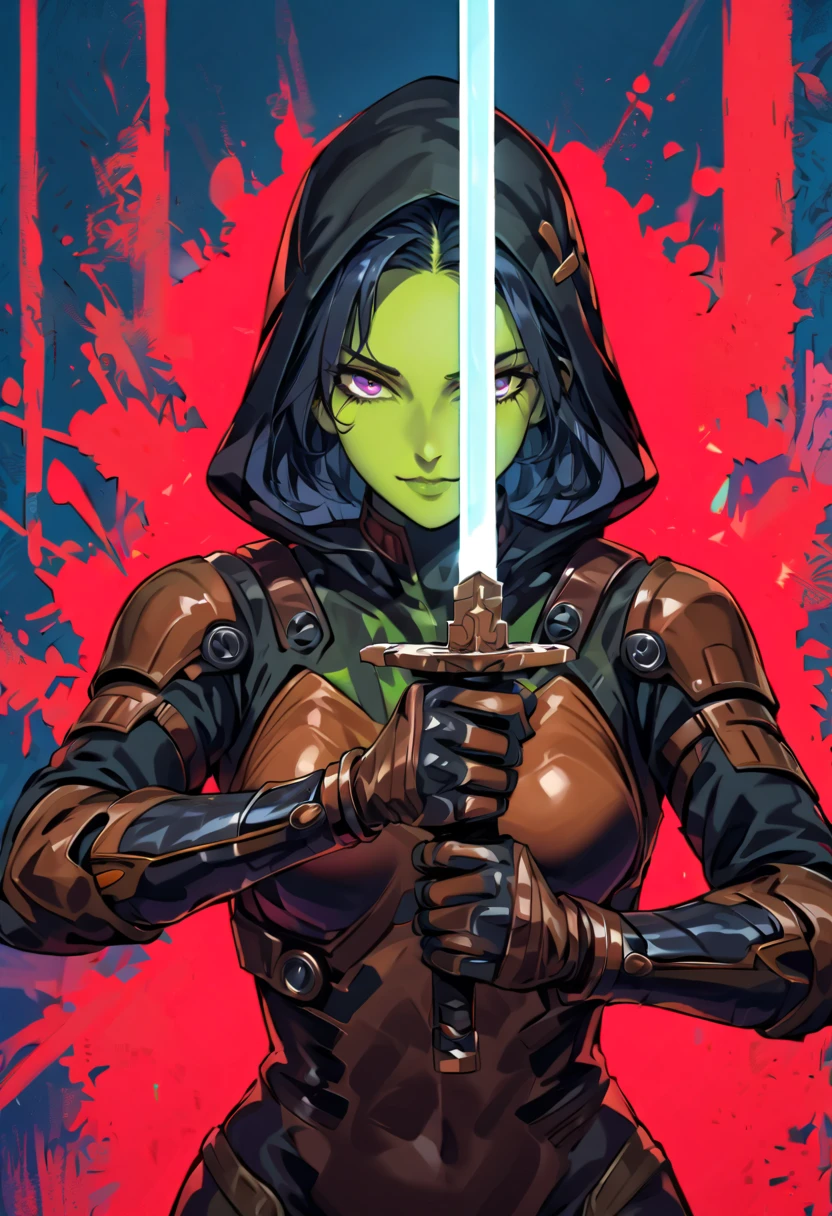 (best quality, masterpiece),1girl,barrissoffee, (green skin),upper body , hood up, looking at viewer, smiling, holding   blade  sword  half  energy,  body  tech suit, full body image , full body ,green  skin,  body tech suit armor 