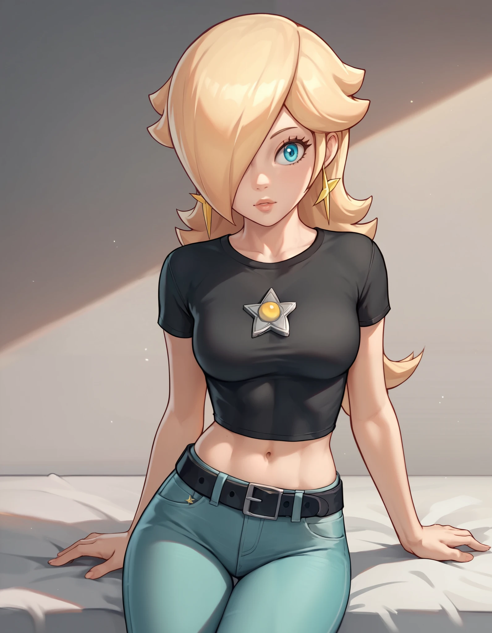 score_9, score_8_up, score_7_up, source_anime, rosalina, blonde hair, blue eyes, hair over one eye, long hair, star earrings, solo, cowboy shot, black t-shirt, taut clothes, tight shirt, midriff, navel, jeans, black belt, on stomach