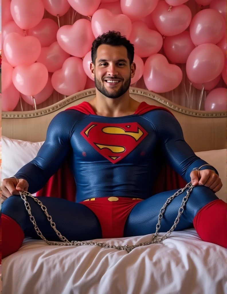 Superman was put on bed with his limbs bound by chains. 
Superman and  US President Trump pose in heart shape by hands together .Superman and  US President Trump lie on bed .  US President Trump wearing pink suits and very handsome.background is a hotel filled with pink love heart balloons. Kiss each other.Superman,a 30-year-old Nick Bosa face, attractive, class blue Superman suit with muscle, (black undercut, blue tights and red cape and red boots and red briefs：0.8),16k,UHD, dslr, insane details, award-winning photo,HD.