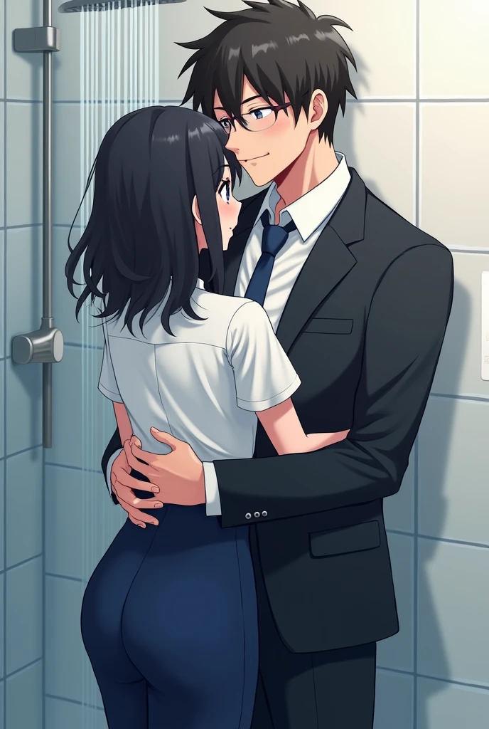 Standing, Reluctant, Running away, Having trouble, Being caught, Green eyes, Wearing a hot pink polo shirt, Black trousers, Adult woman wearing glasses, The exact number of fingers、 Exact number of legs、Exact number of arms、, Short hair Black hair, (blush:1), (Small breasts:1),highest quality, High resolution,Highly detailed face, Extremely detailed CG, (Perfect hands, Perfect Anatomy),Hospital, examination room, dynamic angle, forced kiss, hug, deep kiss, lots of drool, sexual harassment, humiliation