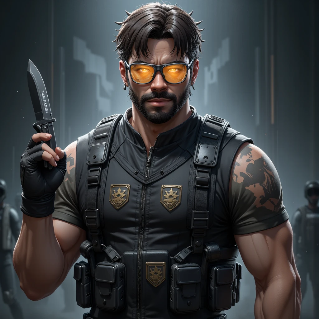 **A breathtaking 4K UHD, high-detail, cinematic illustration** focusing on the **upper body of Pivalora1**, rendered with **exceptional 3D quality** and inspired by the **Resident Evil universe** while incorporating design elements from **CSGO (Counter-Strike: Global Offensive).**

The character is depicted in a hero’s pose, holding a highly detailed karambit-knife in one hand, with the other resting confidently by his side. He has a rugged beard, exudes a fierce and determined expression, and wears spiked headglasses that shimmer subtly under dramatic lighting. His military vest is intricately detailed, adorned with tactical accessories and insignias, giving a combat-ready vibe.

The image captures the essence of cinematic artistry with a centered composition, focusing on his intense gaze and the wealth of textures in his gear and clothing. The lighting emphasizes the dark and gritty atmosphere, with a mix of shadow and glowing highlights that create a dynamic, dramatic effect. The background is blurred and atmospheric, featuring subtle nods to a battlefield environment, blending seamlessly with the character’s persona.

Designed to meet Telegram sticker standards, this masterpiece maintains the 8K ultra-detail quality while focusing on clean, high-resolution edges and proportions suitable for sticker use.

| cinematic hero pose | Resident Evil-inspired | military CSGO style | ultra-detailed 3D rendering | tactical accessories | high-quality Telegram sticker design | dramatic lighting | 8K resolution | centered composition | expressive and detailed.