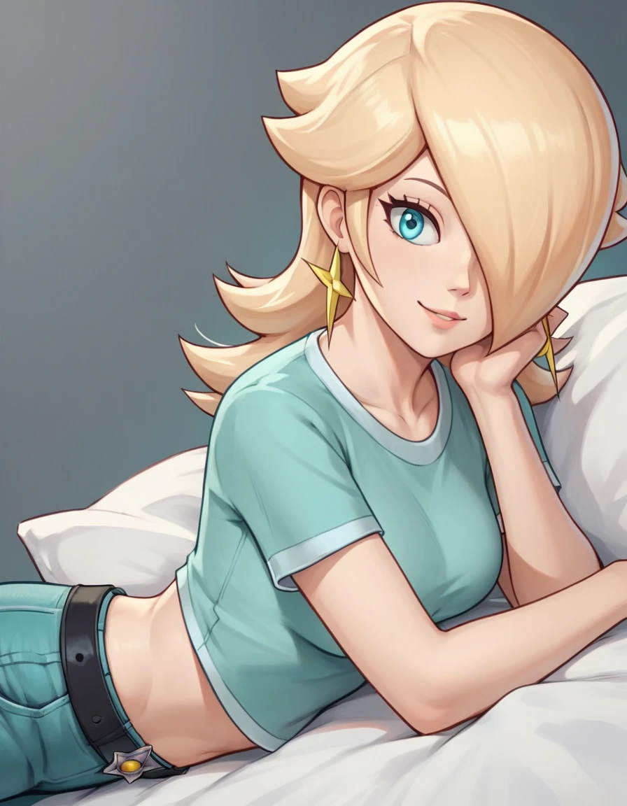 score_9, score_8_up, score_7_up, source_anime, rosalina, blonde hair, blue eyes, hair over one eye, long hair, star earrings, solo, cowboy shot, black t-shirt, taut clothes, tight shirt, midriff, jeans, black belt, smile, on stomach