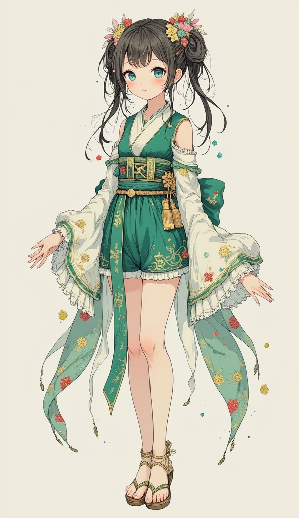 ** Prompt detailed physical profile ,  from head to toe :**  

" full body portrait of a young Japanese girl with delicate features graceful appearance ,  dressed in an elegant Hanfu of green and white tones . **feet:**  small and well proportioned ,  shoes in delicate traditional sandals with thin straps that match Hanfu . **legs:** long and thin,  exhibiting a natural elegance ;  part of the curve of the calves is subtly visible under the lightness of Hanfu's fluid fabric . **hips and waist :**  the waist is thin and well defined ,  highlighted by an ornate belt that complements the outfit .  The hips are proportional ,  giving harmony to the body Guio . **hands and arms :**  slender arms ,  with small and delicate hands ,  of fine fingers and impeccable nails ,  lightly painted in shades of light pink . **Shoulders and neck:**  narrow and elegant shoulders ,  connecting to a long and graceful neck that transmits sophistication and lightness .  

**Head and Face:**  the face is oval and smooth ,  with slightly pink cheeks . **hair:**  brown and shiny ,  combed in a traditional Japanese style with an elaborate bun adorned with combs and natural flowers,  some loose threads framing the face . **eyes:**  large and mesmerizing ,  with incandescent blue irises that seem to reflect an inner light . **nose:**  Small and delicate , with a smooth bridge. **lips:**  fleshy and bulky ,  painted in a vibrant red ,  drawing attention to her serene and confident expression . **:** slightly tall ,  accentuating the sophistication of your features .  

** Posture and Size :** standing, with an upright and graceful posture,  transmitting elegance and serenity .  The combination of its physical features and fluid Hanfu create an ethereal and enchanting aura ."  

 If need to add more details or adjust ,  I can refine the text !