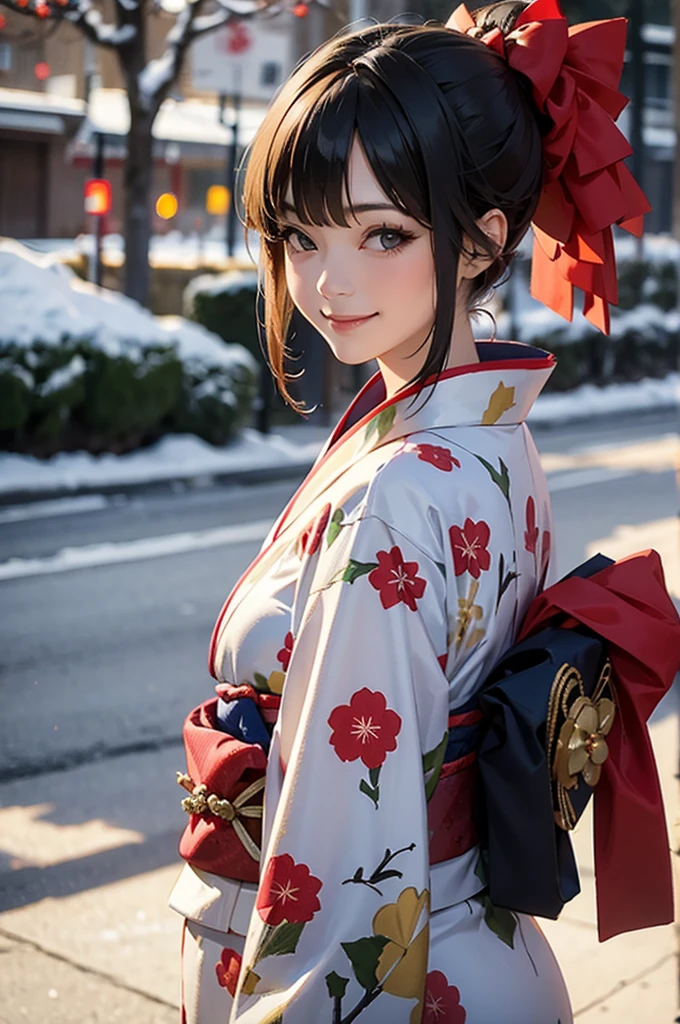 A bust shot of a smiling beautiful woman in a kimono celebrating Christmas