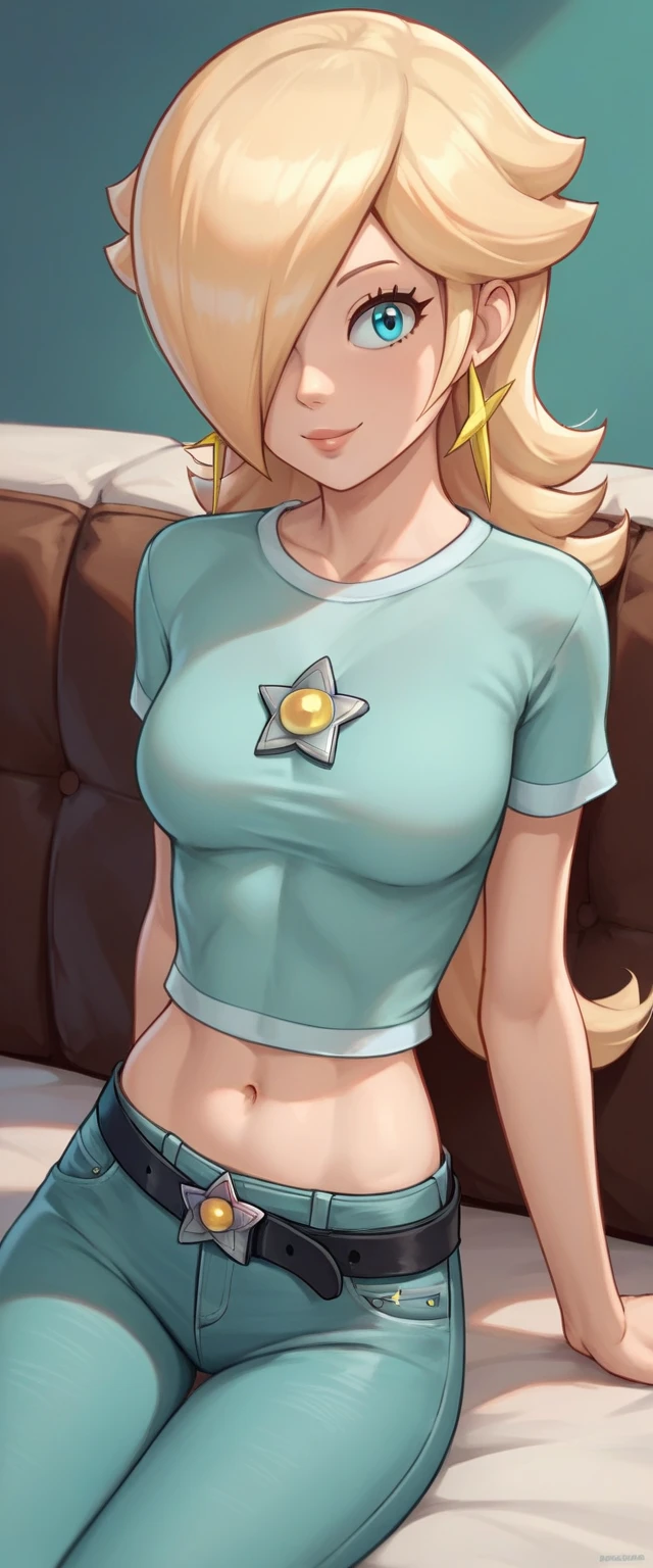 score_9, score_8_up, score_7_up, source_anime, rosalina, blonde hair, blue eyes, hair over one eye, long hair, star earrings, solo, cowboy shot, black t-shirt, taut clothes, tight shirt, midriff, jeans, black belt, smile, on stomach