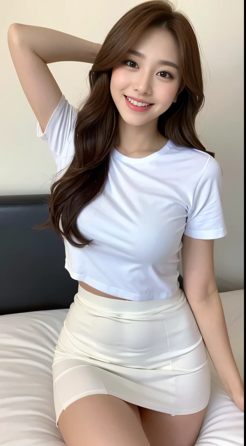 White tight shirt、White tight mini skirt、a bed、a smile、shortsleeves、high-level image quality