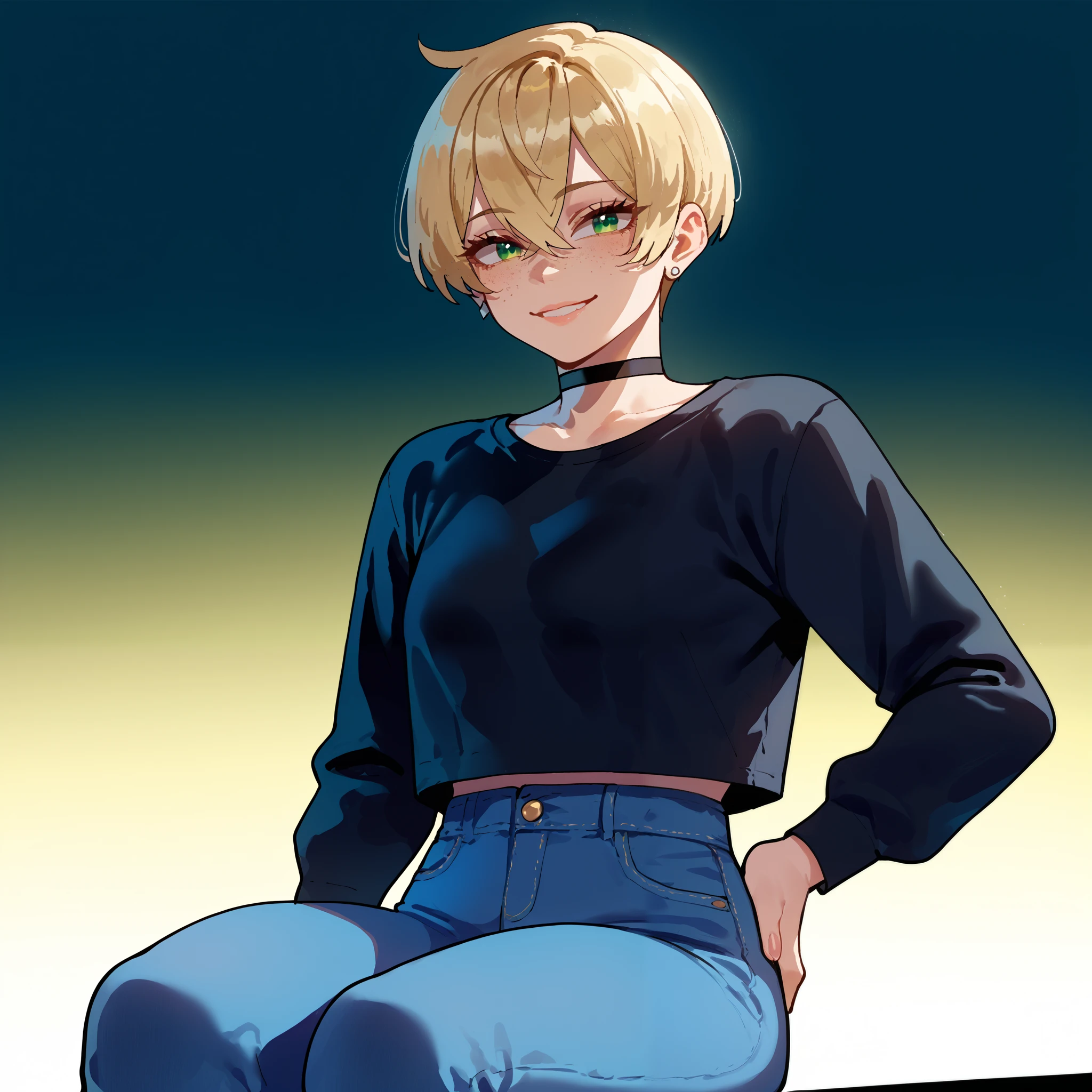 score_9, score_8_up, score_7_up, score_6_up, score_5_up, score_4_up, source_anime, nyantcha style, rating_safe, three quarter view, 1girl, teenager, green eyes, blonde hair, crossed bangs, short hair, pixie cut, freckles, big breasts, thick thighs, eyelashes, aegyo sal, hand on hip, stud earrings, black shirt, long sleeves, choker, denim pants, looking at viewer, light smile, gradient background, warm lighting, sitting, upper body, dutch angle
