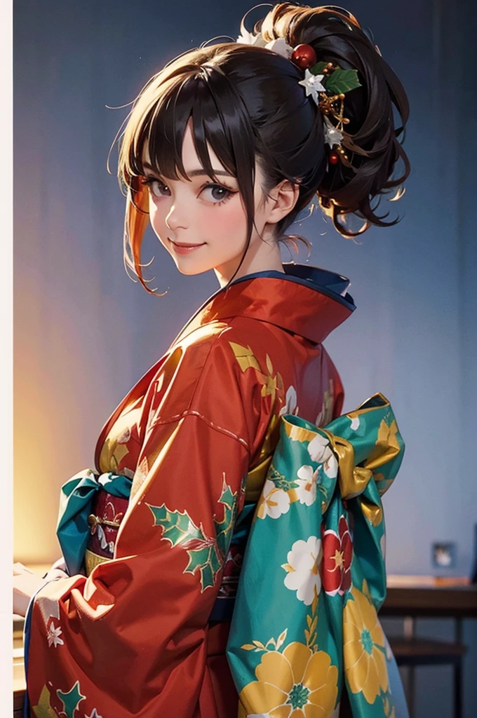 A bust shot of a smiling beautiful woman in a kimono celebrating Christmas