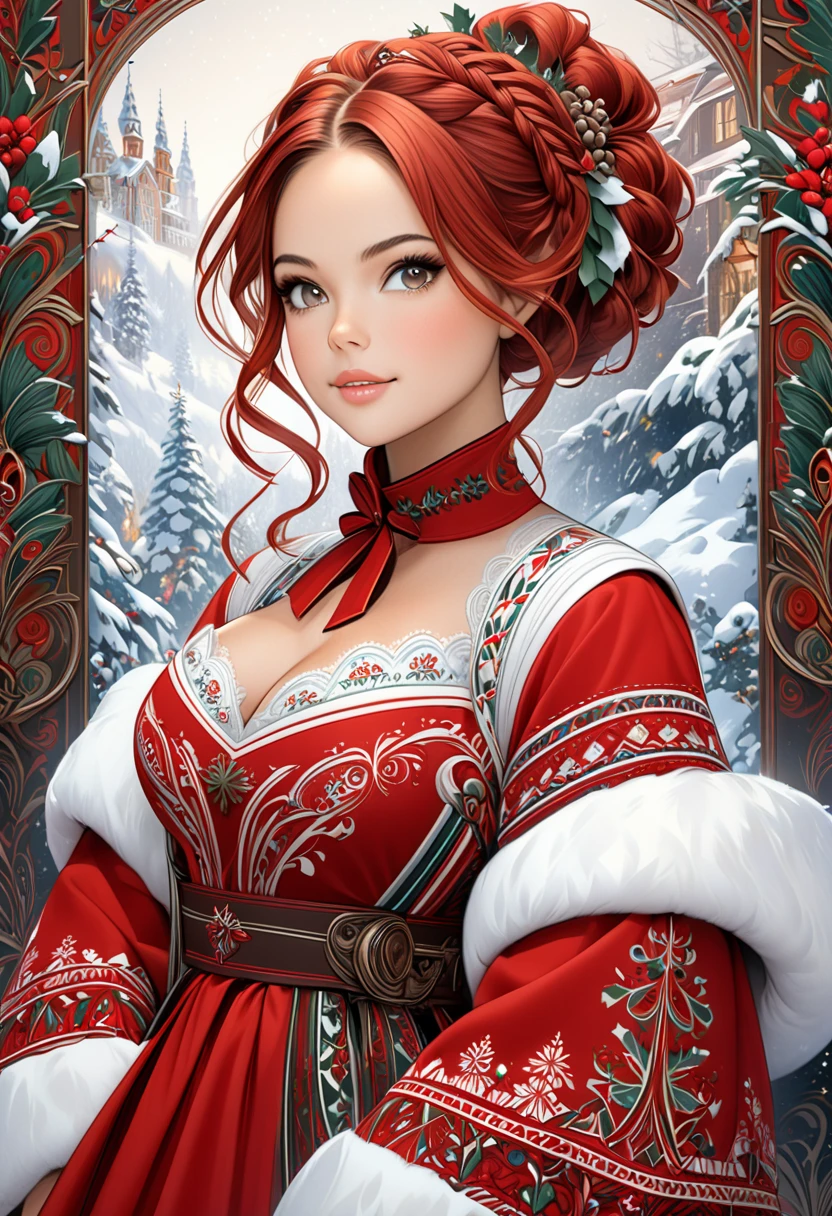 "A young, elegant woman envisioned as a youthful and cheerful Mrs. Claus, blending features of Olivia Munn, Nathalie Emmanuel and Chloe Bennet. She has vibrant auburn hair styled beautifully and exudes joy, elegance, and festive warmth. cleavage. The setting is a luxurious room with a Norwegian aesthetic, including intricate rosemaling patterns on the walls and furniture, and traditional Norwegian decor. She wears a beautifully detailed Norwegian dress with folk embroidery, enhancing her graceful, festive presence. The artwork is a highly detailed, award-winning digital painting, blending elements of realistic fantasy art, polished 2D vector illustration, and concept art, inspired by the styles of WLOP and Artgerm. The composition features a roaring fireplace and emphasizes sharp focus, intricate textures, and a refined, elegant aesthetic with a cozy, wintery atmosphere."
