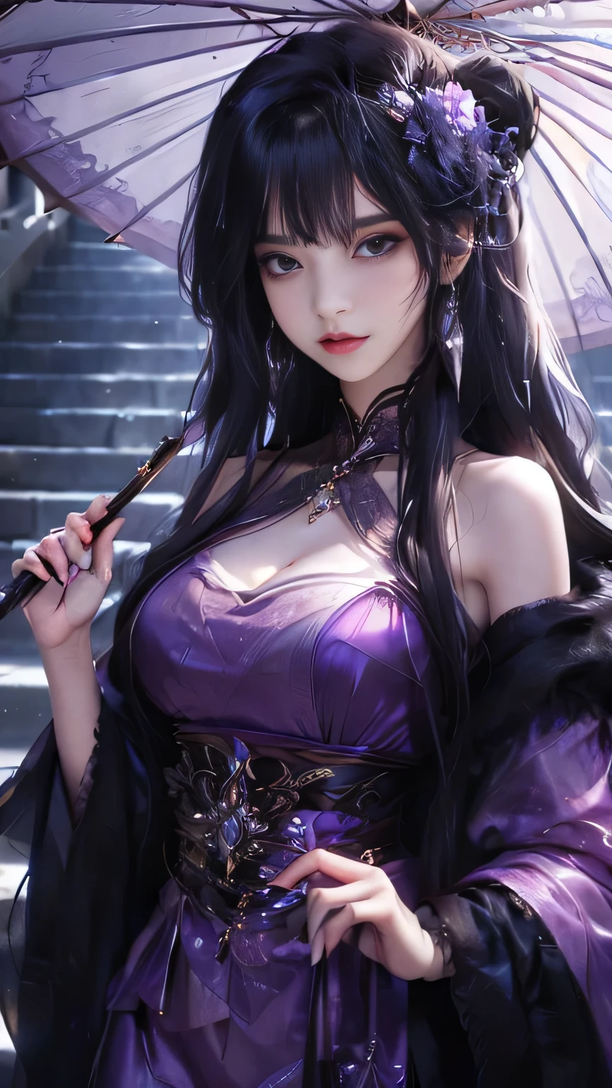 woman in her 20's, scary looking, androgynous, long black hair with small white streaks, fox ears, piercing purple eyes with slit pupils, long lashes, fox tail, plain black kimono, smirking, evil, scary, masterpiece, high quality, final boss, claws and fangs, purple fire