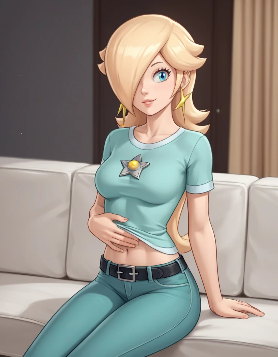 score_9, score_8_up, score_7_up, source_anime, rosalina, blonde hair, blue eyes, hair over one eye, long hair, star earrings, solo, cowboy shot, black t-shirt, taut clothes, tight shirt, midriff, navel, jeans, black belt, smile, sitting, hand on own stomach