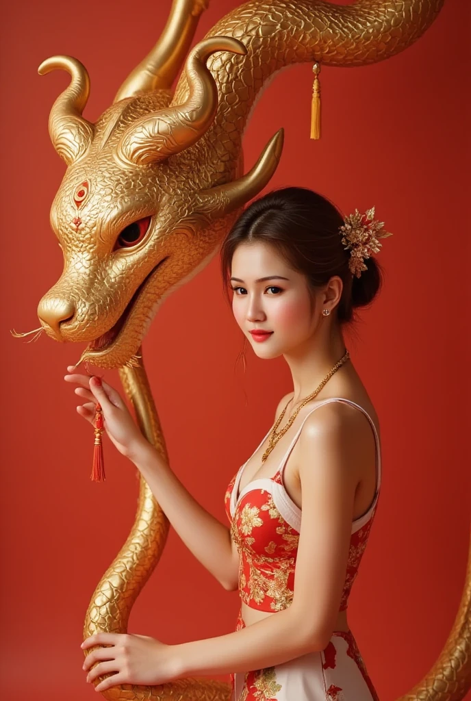 Tet Vietnamese, Lisamy, Lisamy bow your head and thank you, the head of the lion, red background have a golden snake