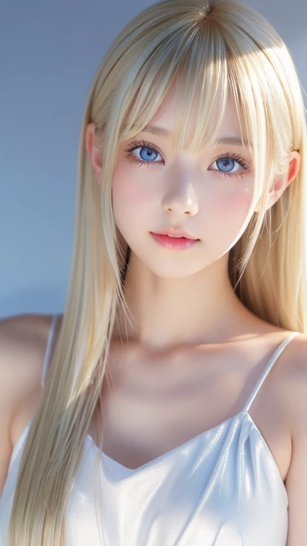 Dressed、(Photorealistic:1.4)、(ハイパーRealistic:1.4)、(Realistic:1.3)、(Smooth lighting:1.05)、(Improved cinematic lighting quality:0.9)、32k、1 Girl、A beautiful woman、Very cute expression、A beautiful 15 year old blonde girl、bangs that fall on the face、Bangs left over the eyeessy bangs between the eyes and nose、Realistic top lighting、Backlight、Face Light、Super long silky platinum hair、Blonde rays、(Bright light:1.2)、(quality improvement:1.4)、(Highest quality realistic textured skin:1.4)、Very beautiful, detailed, shiny, very bright, mint blue, large eyes、Very big eyes、Detailed face、A careful eye for quality、(Tired, sleepy and satisfied: 0.0)、Face close up、T-Shirts、(Enhances the body line:1.1)、(Enhances the beauty of skin texture:1.1)、Cheek gloss highlighter、Small Face Beauty、Round face