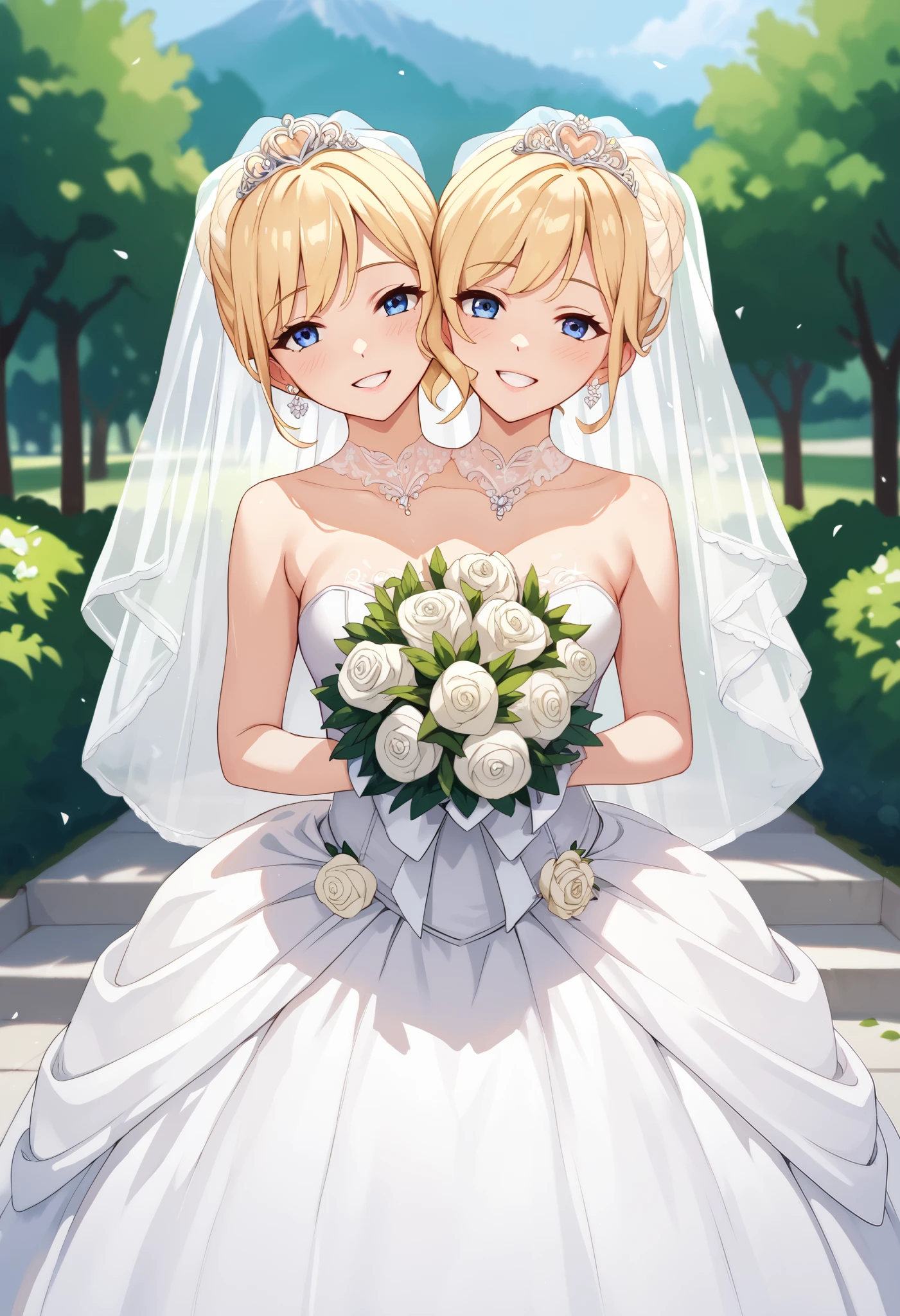 young woman with two heads, bride, blonde hair, blue eyes, grinning, wedding dress holding a bouquet, outdoor wedding venue