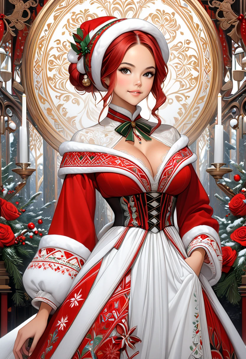 "A young, elegant woman envisioned as a youthful and cheerful Mrs. Claus, blending features of Olivia Munn, Nathalie Emmanuel and Chloe Bennet. She has vibrant auburn hair styled beautifully and exudes joy, elegance, and festive warmth. cleavage. soft pillowy breasts. The setting is a luxurious room with a Norwegian aesthetic, including intricate rosemaling patterns on the walls and furniture, and traditional Norwegian decor. She wears a beautifully detailed Norwegian dress with folk embroidery, enhancing her graceful, festive presence. The artwork is a highly detailed, award-winning digital painting, blending elements of realistic fantasy art, polished 2D vector illustration, and concept art, inspired by the styles of WLOP and Artgerm. The composition features a roaring fireplace and emphasizes sharp focus, intricate textures, and a refined, elegant aesthetic with a cozy, wintery atmosphere."
