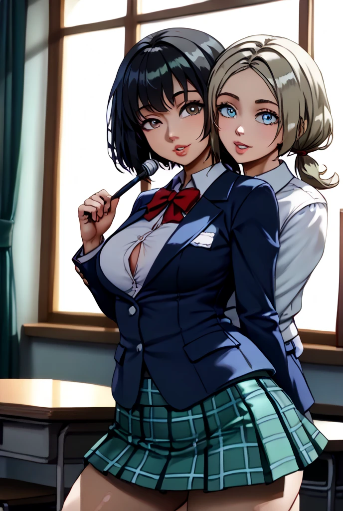 masterpiece、 top quality 、 super high res、 super detailed 、( Highly detailed female anatomy :1.2)、Animation、CG、 surrenders、 photorealistic stick 、 photorealistic:1.37、HDR、UHD、 Studio Lighting 、 very aesthetic 、Up perbody shot 、 2 girls in 2、 high school girl、 looking at camera、 cowboy shot、( have a very close relationship :1.2)、 high school girl１と high school girl２Are standing side by side 。 high school girl１∶( black hair medium hair with low ponytail:1.2)、(Brown symmetrical eyes:1.2)、(Medium sized breasts:1.4)、(Navy blue blazer details :1.2)、( wearing a white button shirt :1.3)、 wearing a red neck ribbon 、( green plaid mini skirt details :1.4)、 high school girl２∶( platinum blonde short bob hair :1.2)、(Blue symmetrical eyes:1.2)、(Large size breasts:1.4)、(Navy blue blazer details :1.2 )、( wearing a white button shirt :1.3)、 wearing a red neck ribbon 、( green plaid mini skirt details :1.4)、The background is the classroom、Background details、Sunlight streaming in through a window、Sunny、cloud、wind、 moon