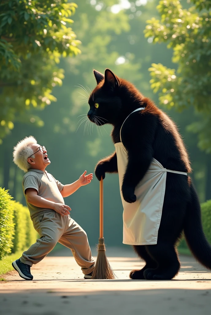 ultra-realistic, photorealistic, dramatic scene, shadow, global-illumination, Park clean-up day by community volunteers, (an elderly Japanese man is facing the human-like large black cat standing in a park), (The grandfather was startled by the giant cat and fell backwards and onto his buttocks with his mouth open), (The human-like huge black cat is wearing a white smock with long sleeves and holding a broom), (the old man is extremely surprised at the large cat and startled and falls on his buttocks), the old man is looking back and showing his surprised face, the old man wears a simple room wear with tracksuits, a towel around his neck, plants, trees, hedge, peaceful sunny day,