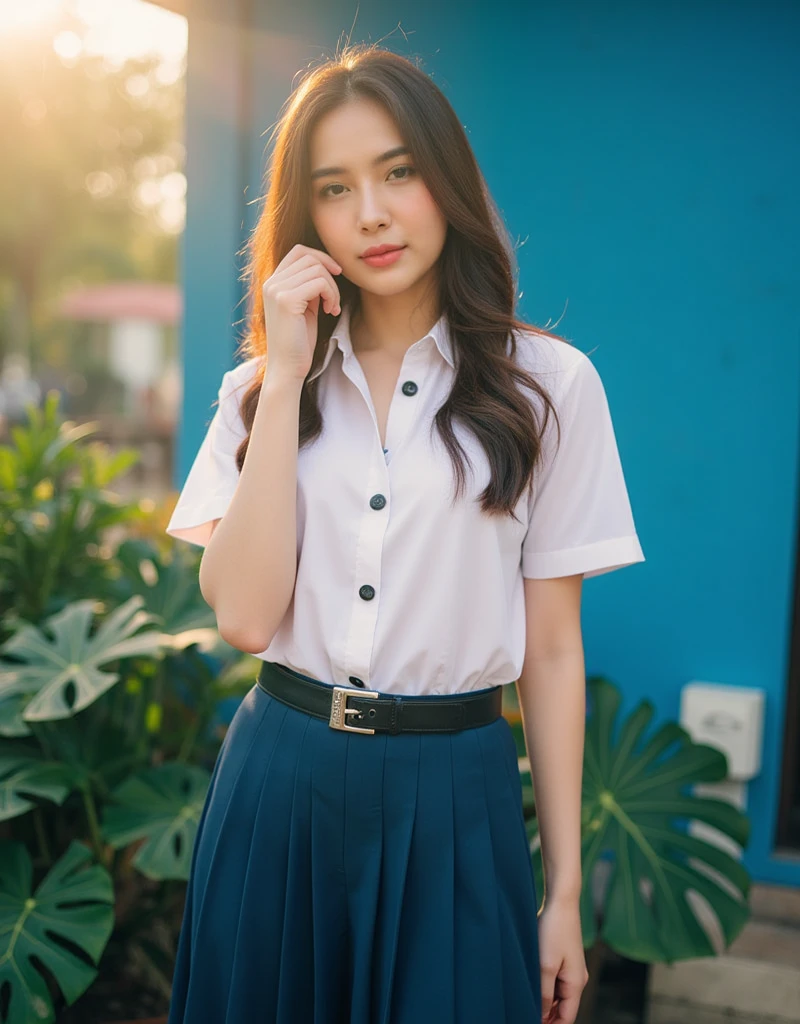 Thai woman long hair, smirk, wearing white shirt short sleeves, belt, navy blue pleated skirt , hand on face pose, standing pose, blue wall, plant on wall sun light, Kodak Gold 200 film