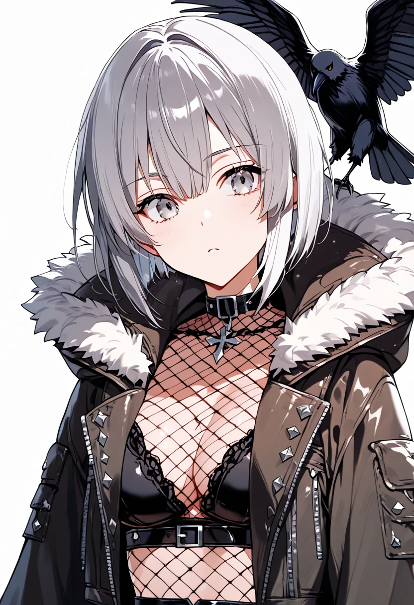 1girl, short hair,gray hair, furr trimmed jacket,clothes, gray eyes, from bellow, crow, white background, black clothing, center fishnet, clothing cut out