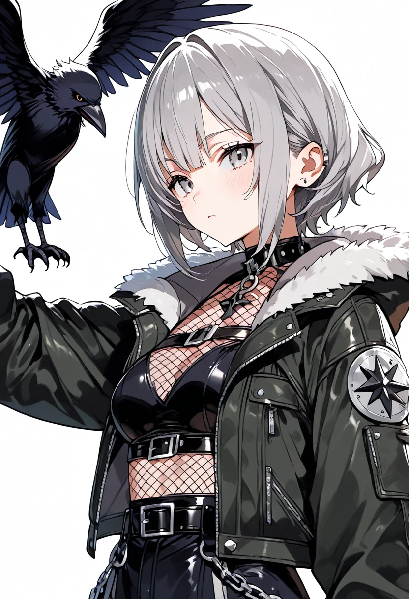 1girl, short hair,gray hair, furr trimmed jacket,clothes, gray eyes, from bellow, crow, white background, black clothing, center fishnet, clothing cut out