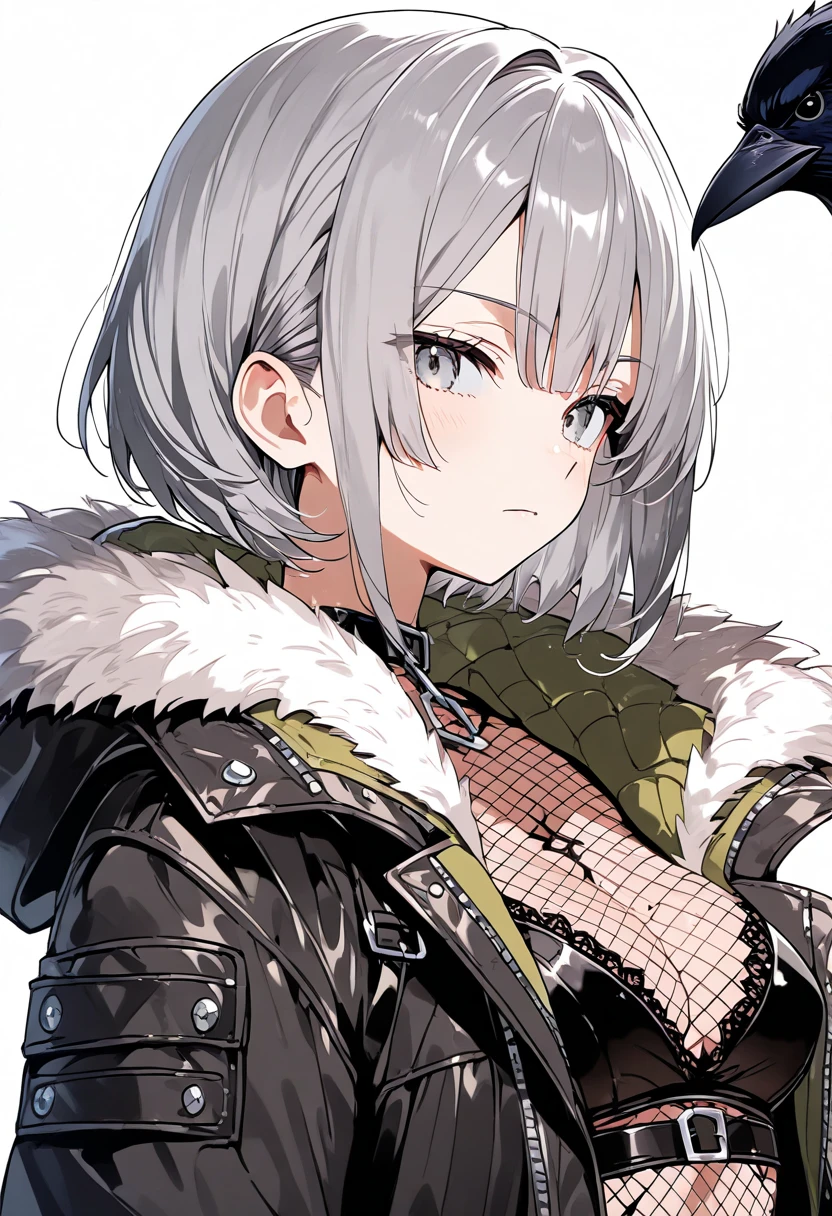 1girl, short hair,gray hair, furr trimmed jacket,clothes, gray eyes, from bellow, crow, white background, black clothing, center fishnet, clothing cut out